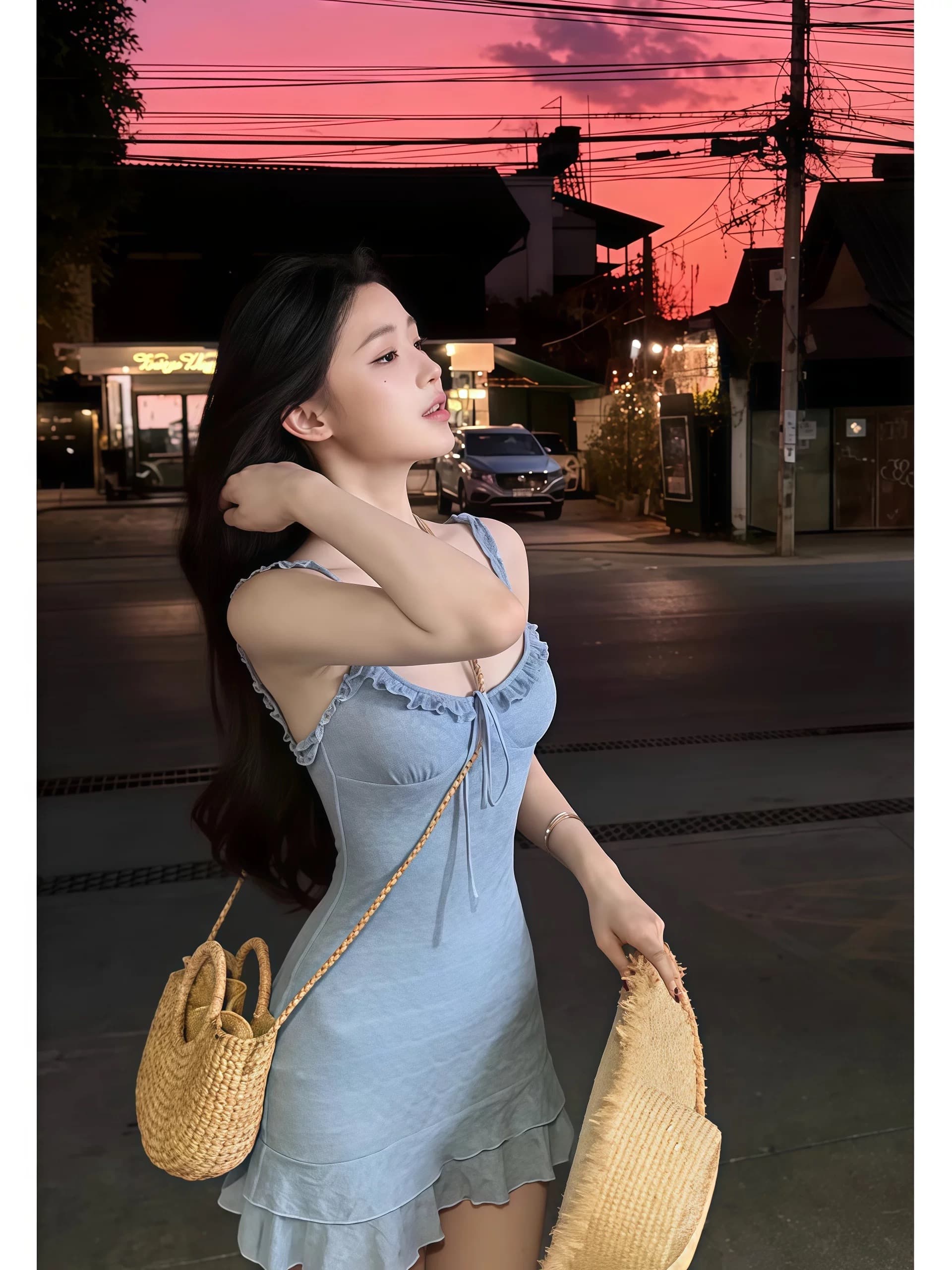 프랑스식 파란색 슬립 드레스 아이들 여름 2026 새로운 해변가 휴가 특별 아름다운 꼬집기 허리 타이트 스커트 상세 이미지 3