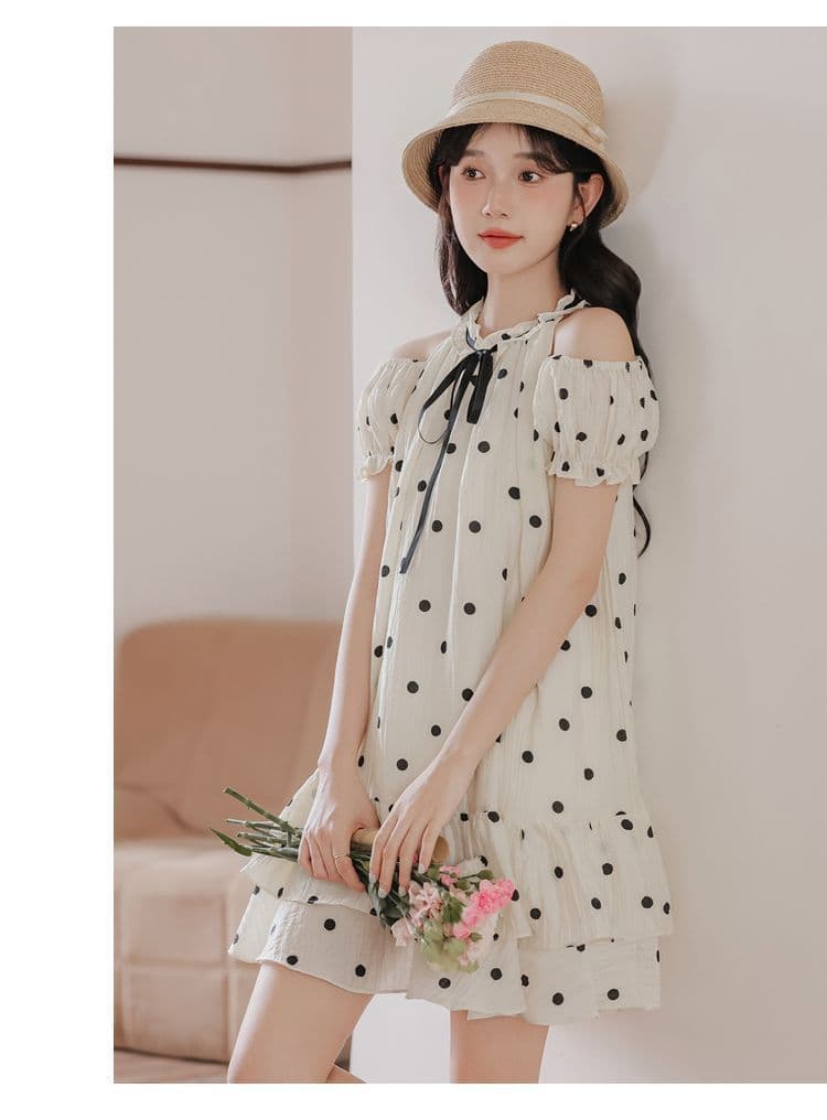 원본 있음 네리 프랑스식 작은 청신 도트 무늬 품격 달콤함 오프숄더 도트 무늬 드레스 작은 키 연령 감소 미니 스커트 상세 이미지 15