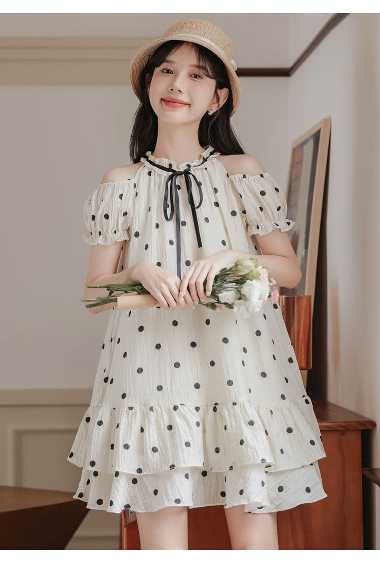 원본 있음 네리 프랑스식 작은 청신 도트 무늬 품격 달콤함 오프숄더 도트 무늬 드레스 작은 키 연령 감소 미니 스커트 상세 이미지 16