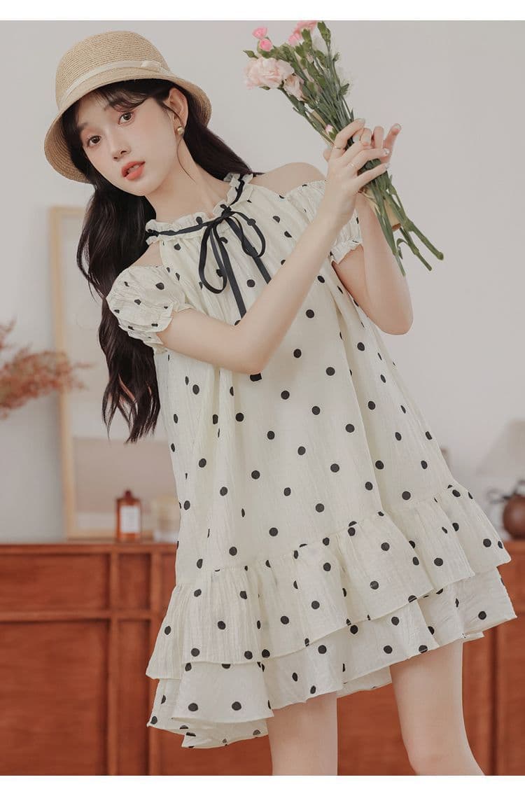 원본 있음 네리 프랑스식 작은 청신 도트 무늬 품격 달콤함 오프숄더 도트 무늬 드레스 작은 키 연령 감소 미니 스커트 상세 이미지 18