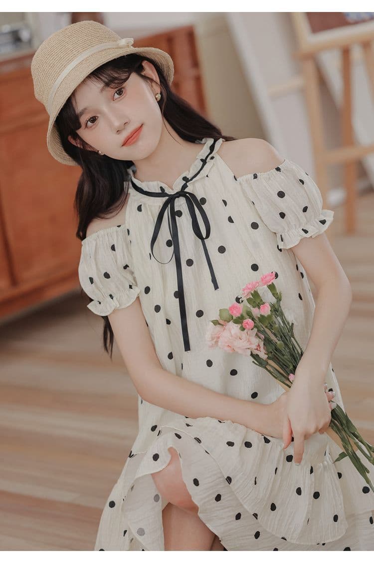원본 있음 네리 프랑스식 작은 청신 도트 무늬 품격 달콤함 오프숄더 도트 무늬 드레스 작은 키 연령 감소 미니 스커트 상세 이미지 19