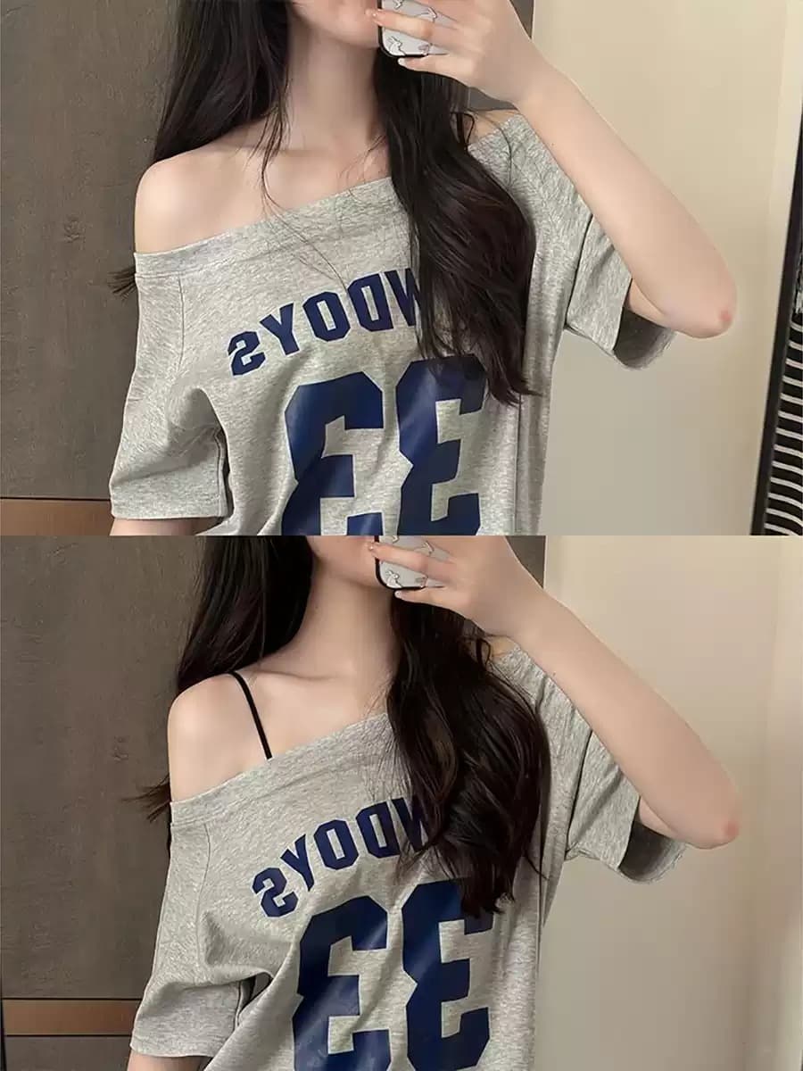 40 순면 220 그램 92 면 8 암모니아 Lun 비스듬한 칼라 오프숄더 오프숄더 반팔 티셔츠 여성 프린트 이미지 3