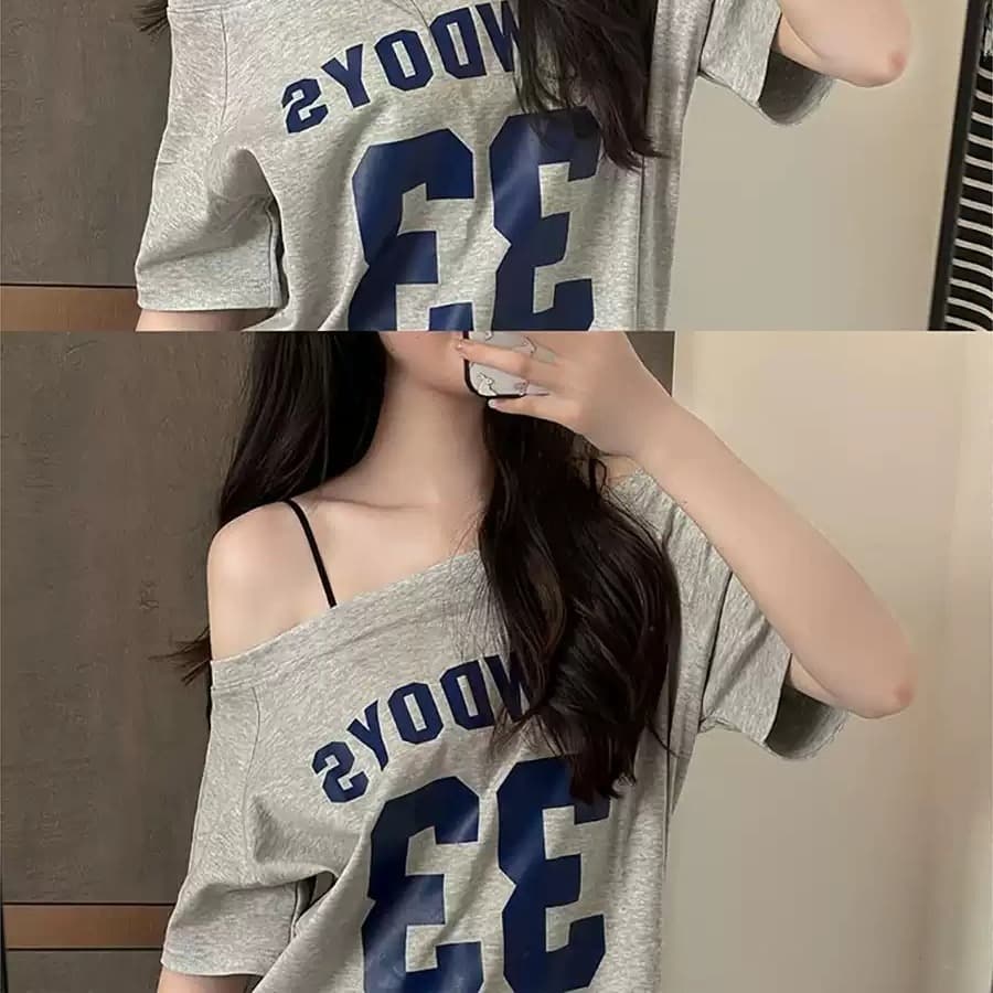 40 순면 220 그램 92 면 8 암모니아 Lun 비스듬한 칼라 오프숄더 오프숄더 반팔 티셔츠 여성 프린트