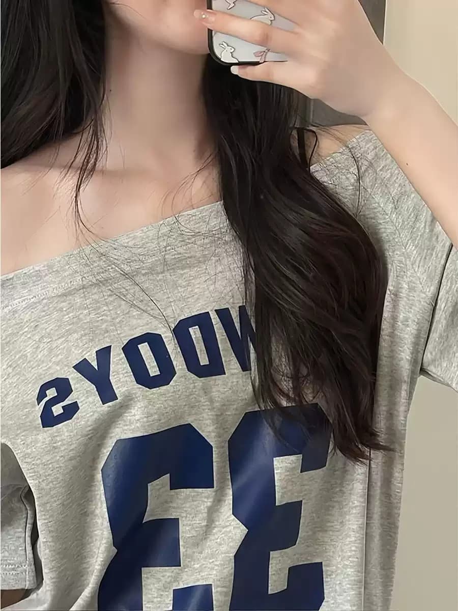 40 순면 220 그램 92 면 8 암모니아 Lun 비스듬한 칼라 오프숄더 오프숄더 반팔 티셔츠 여성 프린트 이미지 4
