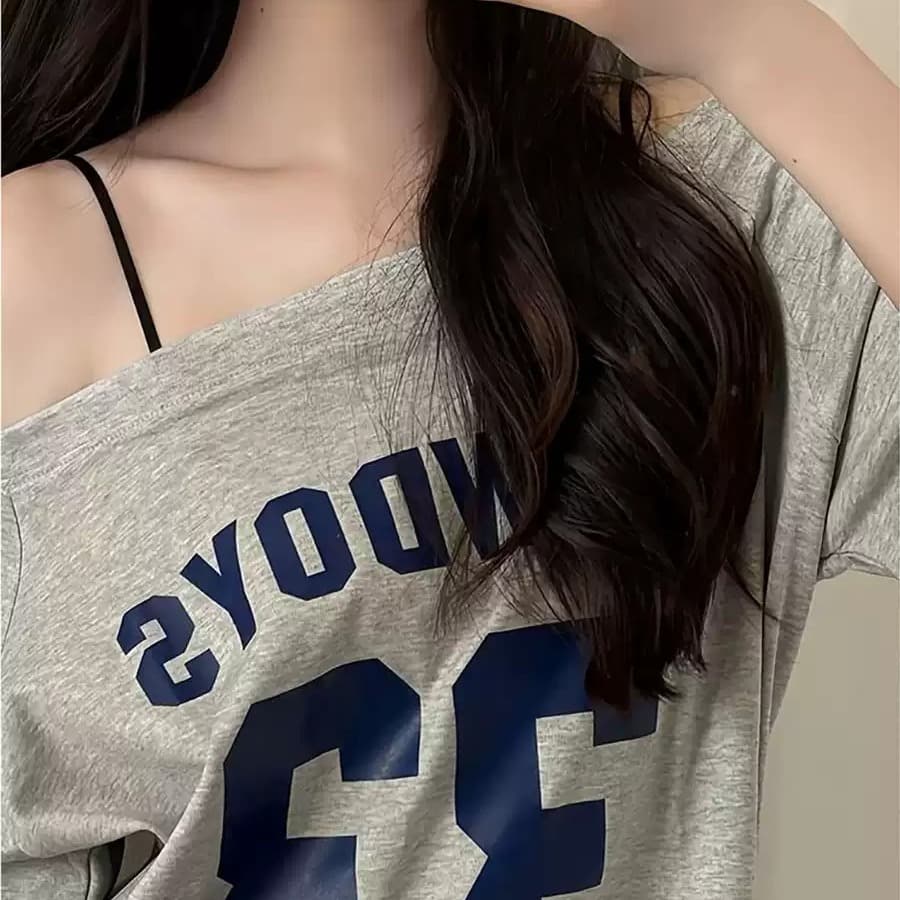 40 순면 220 그램 92 면 8 암모니아 Lun 비스듬한 칼라 오프숄더 오프숄더 반팔 티셔츠 여성 프린트 이미지 5