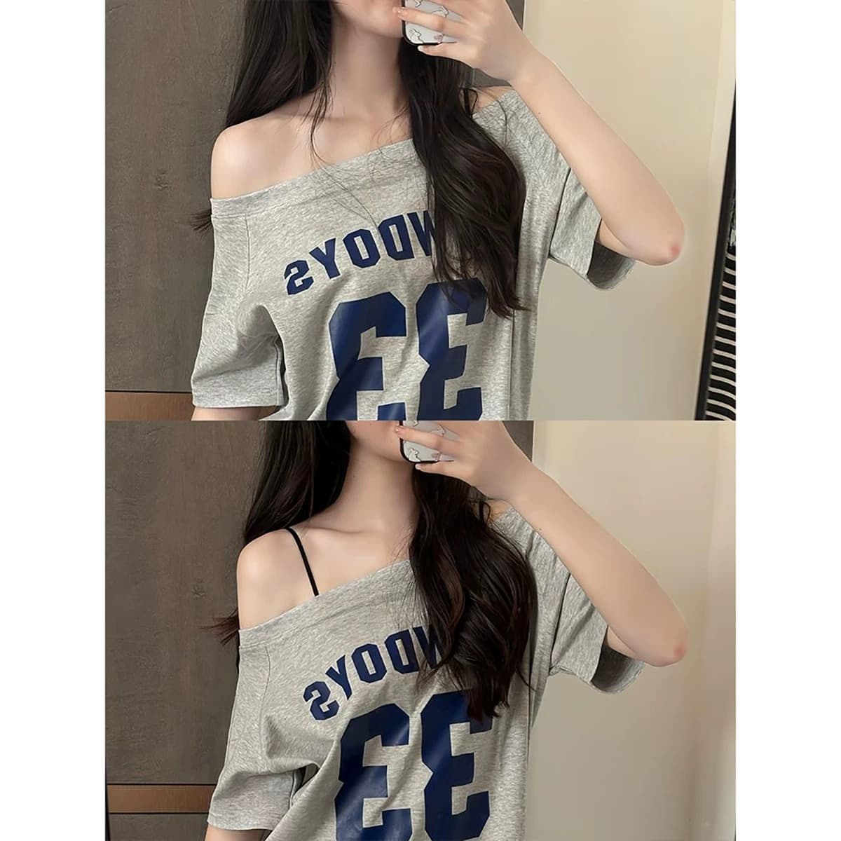 40 순면 220 그램 92 면 8 암모니아 Lun 비스듬한 칼라 오프숄더 오프숄더 반팔 티셔츠 여성 프린트 상세 이미지 7