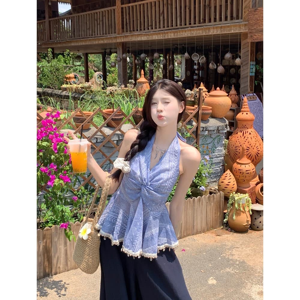 핫걸 V넥 행침 목 비즈 박기 조끼 여성 한 부서 작은 대중 고급 센스 품격 슬림해 보이는 다용도 비틀림 술 맨위 이미지 4