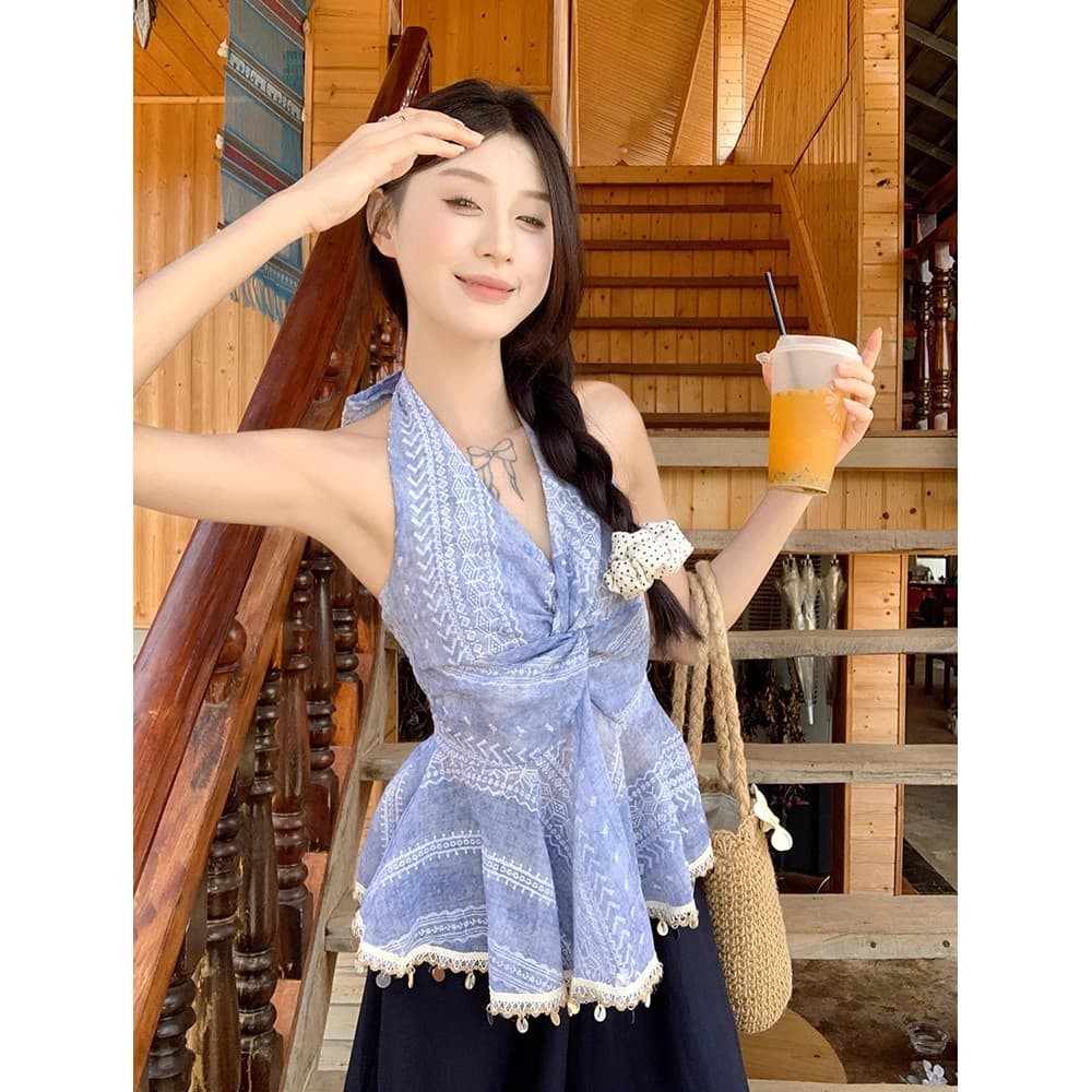 핫걸 V넥 행침 목 비즈 박기 조끼 여성 한 부서 작은 대중 고급 센스 품격 슬림해 보이는 다용도 비틀림 술 맨위 이미지 2