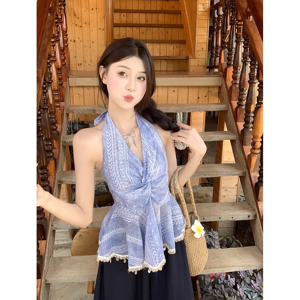 핫걸 V넥 행침 목 비즈 박기 조끼 여성 한 부서 작은 대중 고급 센스 품격 슬림해 보이는 다용도 비틀림 술 맨위 상세 이미지 3