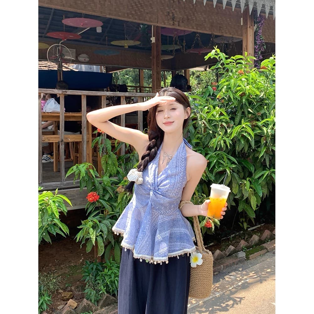 핫걸 V넥 행침 목 비즈 박기 조끼 여성 한 부서 작은 대중 고급 센스 품격 슬림해 보이는 다용도 비틀림 술 맨위 상세 이미지 6