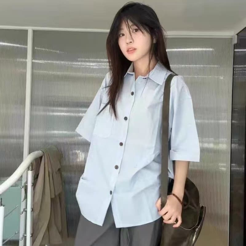 소금 부서 느슨함 센스 스트라이프 폴로 칼라 반팔 여성 셔츠 여름 새로운 작은 대중 아름다운 작은 셔츠 루즈핏 슬림해 보이는 맨위 이미지 2
