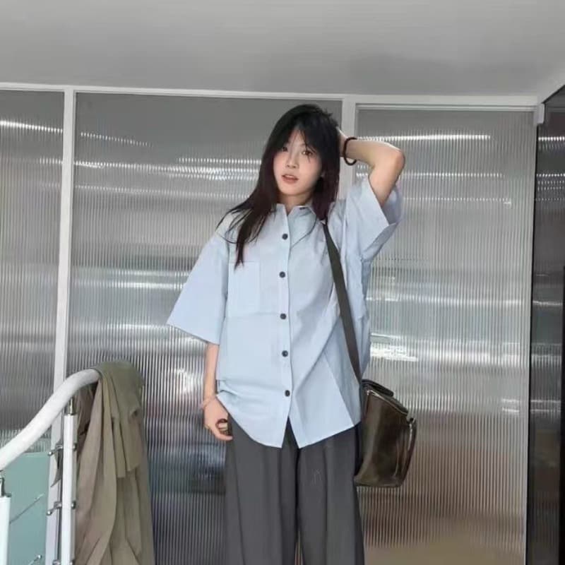 소금 부서 느슨함 센스 스트라이프 폴로 칼라 반팔 여성 셔츠 여름 새로운 작은 대중 아름다운 작은 셔츠 루즈핏 슬림해 보이는 맨위 이미지 5