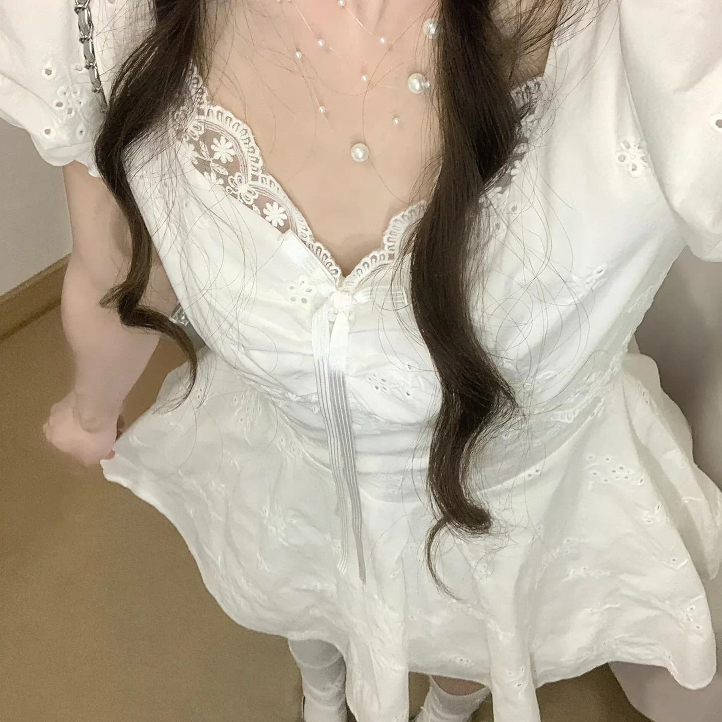 원본 원단 것 있음 안감 프랑스식 달콤함 화이트 V넥 여성 드레스 여름 거품 소매 샤오 바이 치마 이미지 3