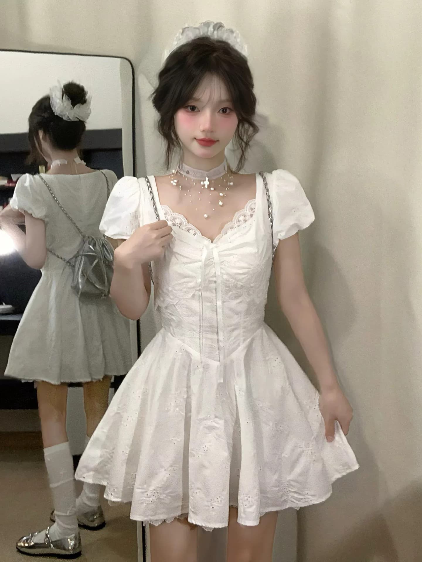 원본 원단 것 있음 안감 프랑스식 달콤함 화이트 V넥 여성 드레스 여름 거품 소매 샤오 바이 치마 상세 이미지 1