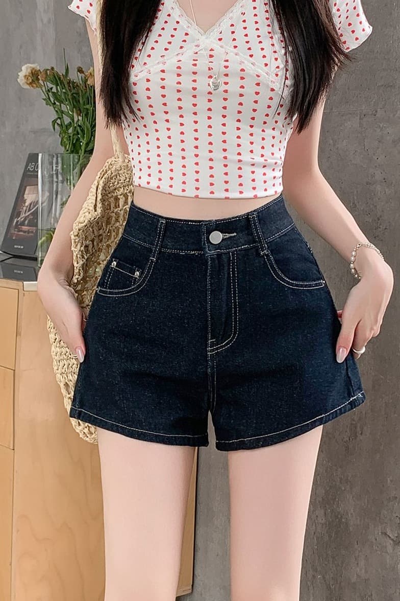 실사 진한 파란색 데님 반바지 여성 여름 얇은 스타일 배 종류 몸 슬림해 보이는 하이웨이스트 한 마디 넓은 다리 핫 바지 이미지 7