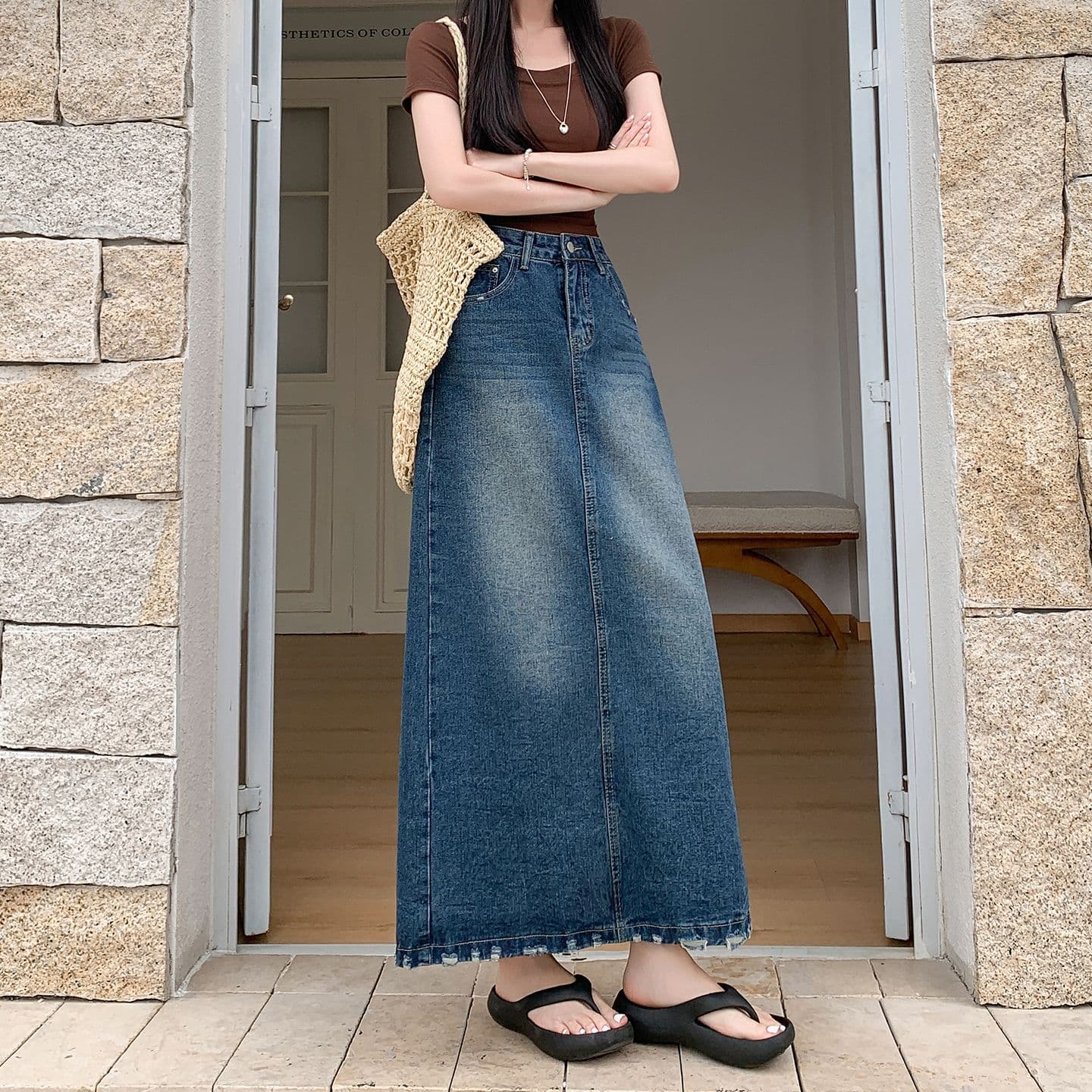 실사 거친 가장자리 술 주머니 자수 한 마디 반신 데님 스커트 여성 디자인 센스 트임 다용도 중간 길이 스커트 상세 이미지 8