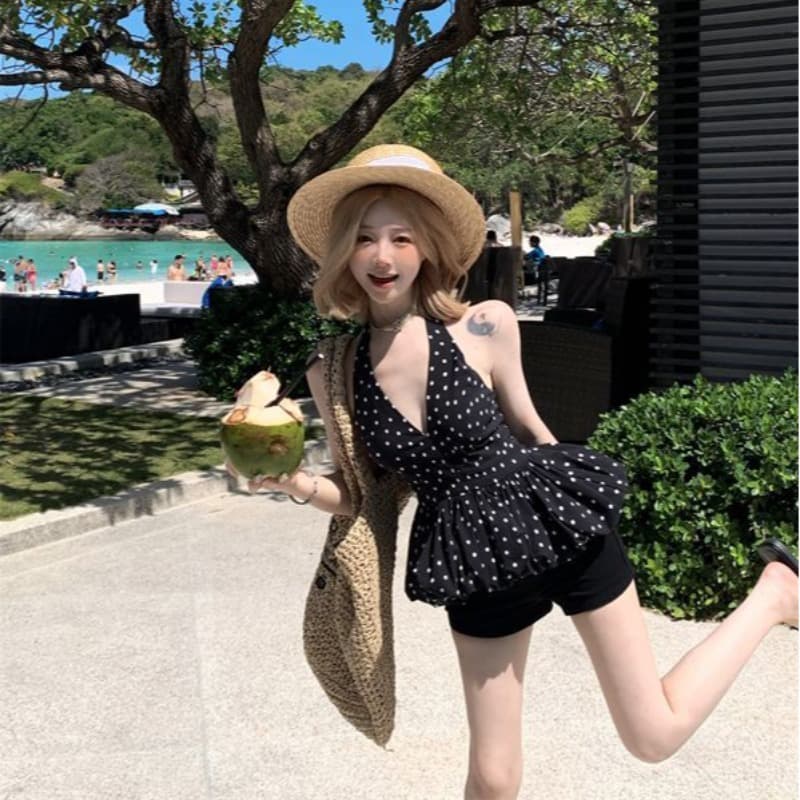 명중 가져 가라. 달콤한 스타일 검정색 도트 무늬 행침 목 V넥 조끼 여름 디자인 센스 작은 대중 몸매 가꾸기 Chic 맨위 이미지 2