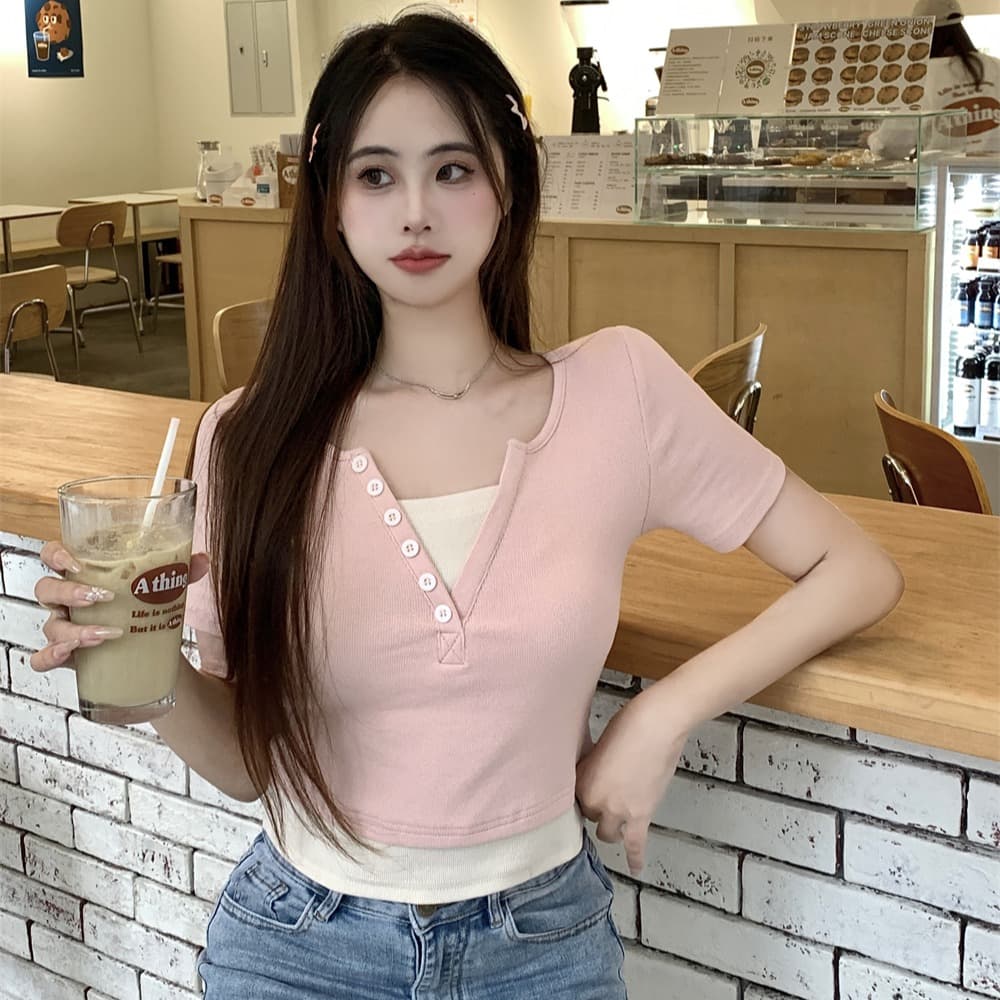 실사 40 순면 210 그램 92 면 8 암모니아 Lun 반팔 티셔츠 여성 가짜 두 조각