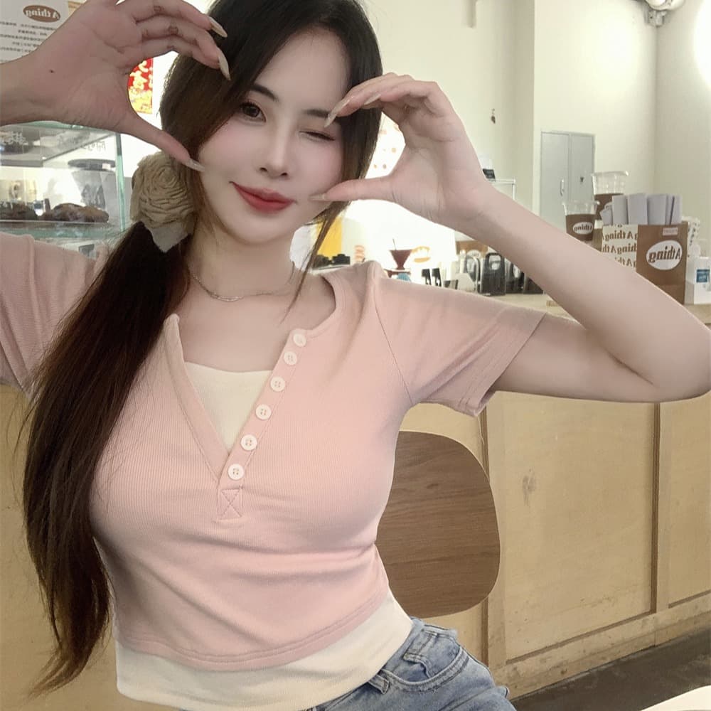 실사 40 순면 210 그램 92 면 8 암모니아 Lun 반팔 티셔츠 여성 가짜 두 조각 이미지 5