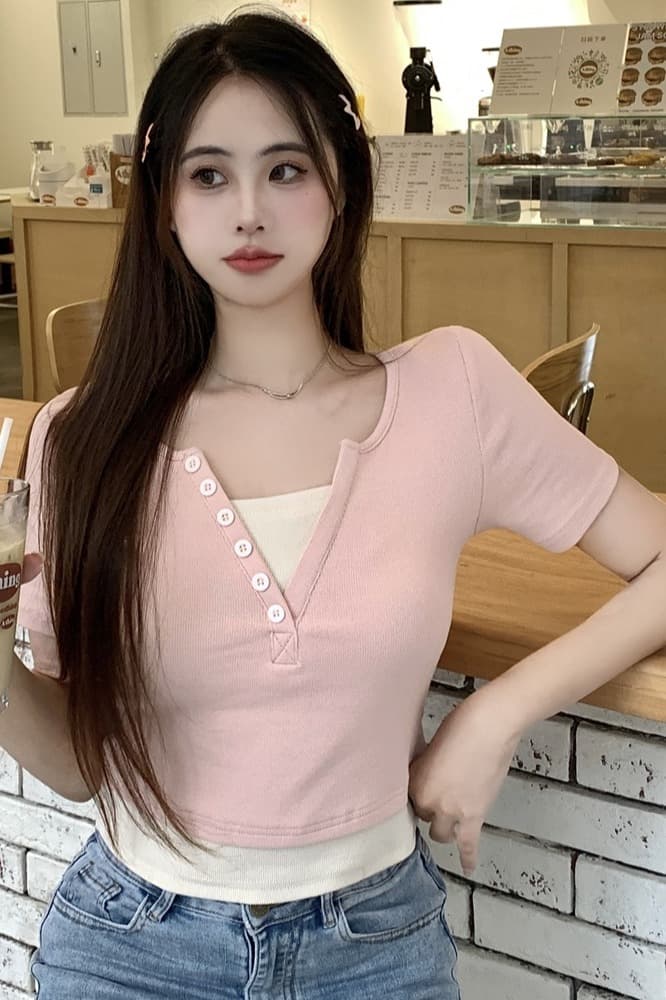 실사 40 순면 210 그램 92 면 8 암모니아 Lun 반팔 티셔츠 여성 가짜 두 조각 이미지 6