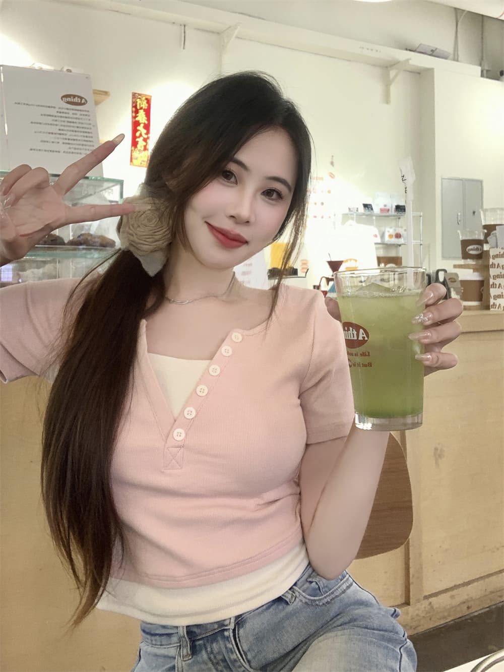 실사 40 순면 210 그램 92 면 8 암모니아 Lun 반팔 티셔츠 여성 가짜 두 조각 상세 이미지 3