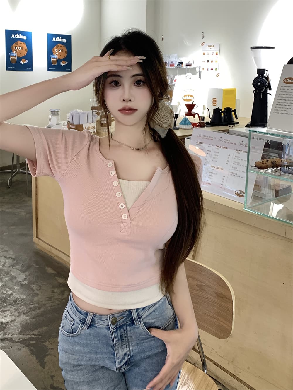 실사 40 순면 210 그램 92 면 8 암모니아 Lun 반팔 티셔츠 여성 가짜 두 조각 상세 이미지 5