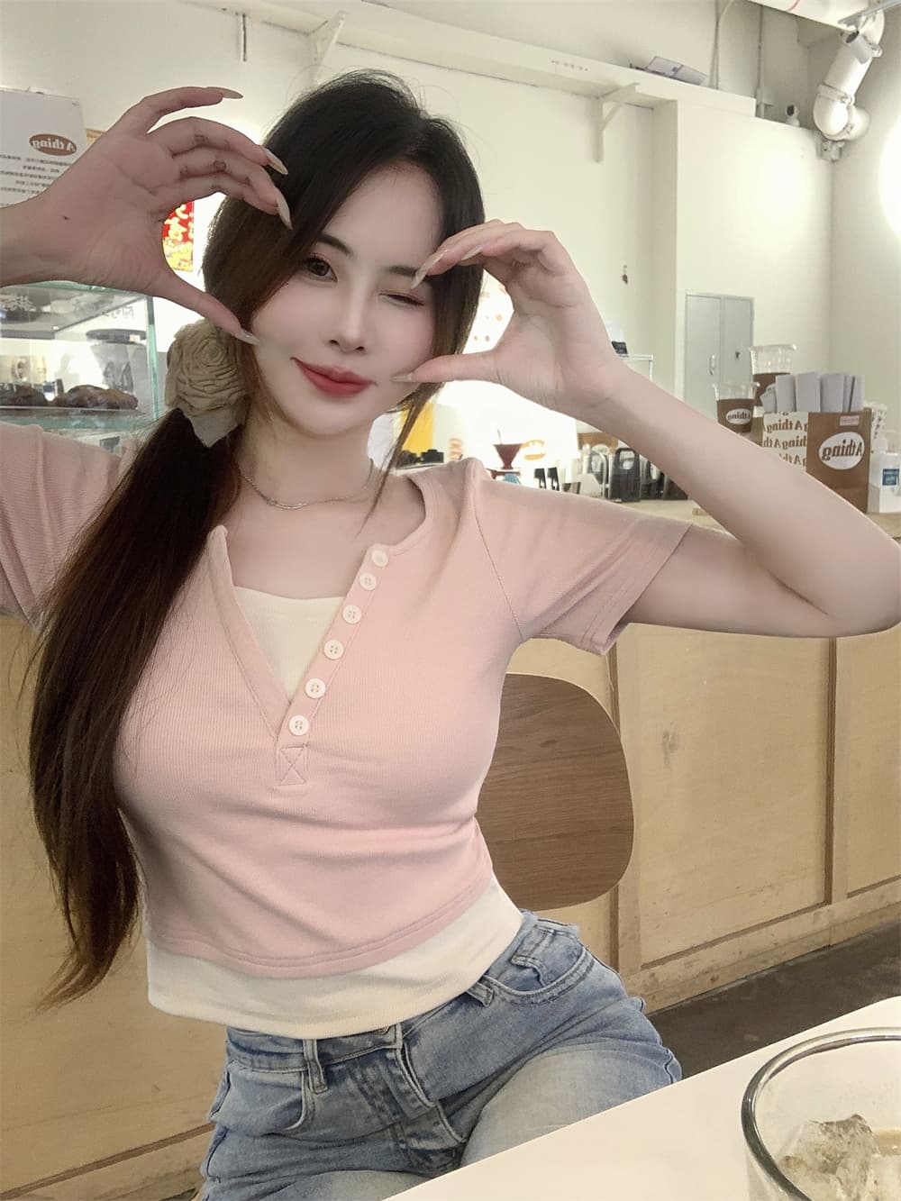 실사 40 순면 210 그램 92 면 8 암모니아 Lun 반팔 티셔츠 여성 가짜 두 조각 상세 이미지 7