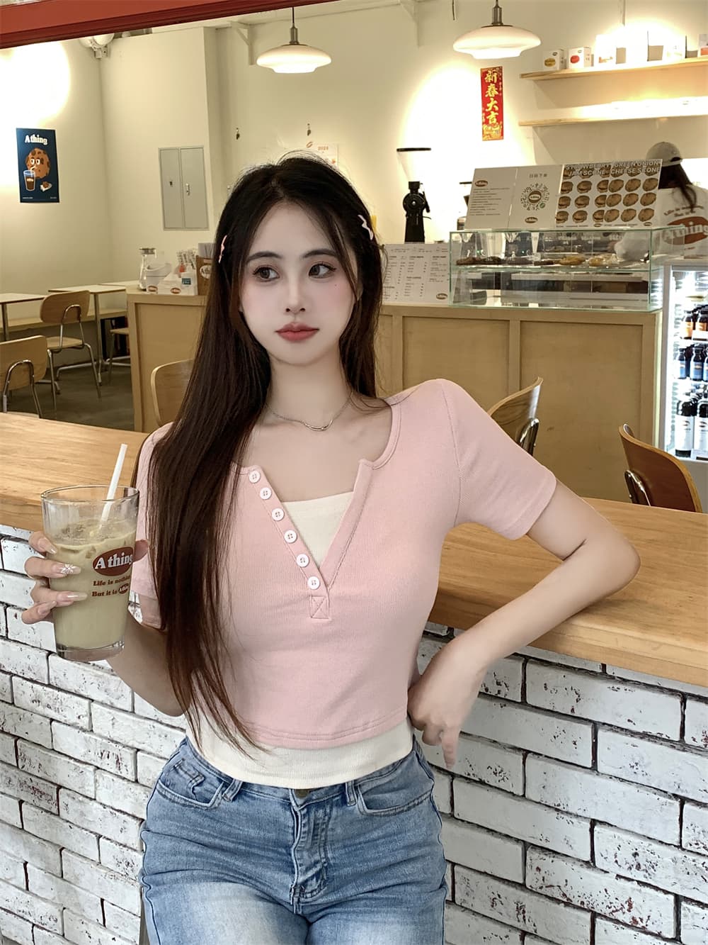 실사 40 순면 210 그램 92 면 8 암모니아 Lun 반팔 티셔츠 여성 가짜 두 조각 상세 이미지 9