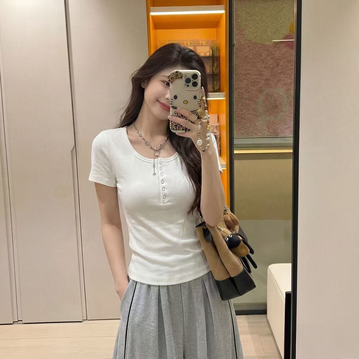 실사 40 순면 210 그램 92 면 8 암모니아 Lun 반팔 티셔츠 여성 단추 상세 이미지 15