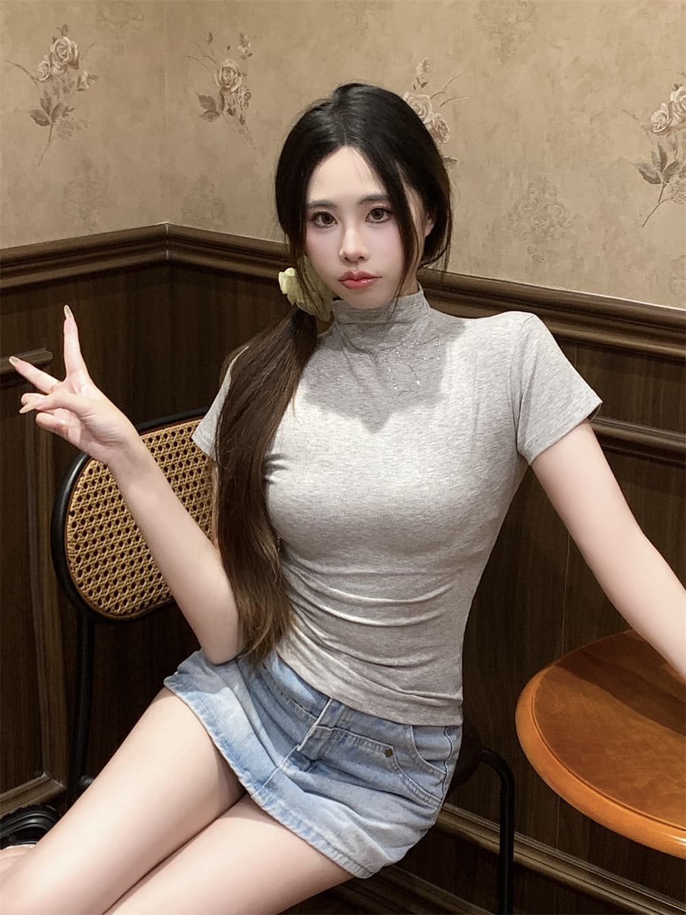 실사 정가 40 순면 210 그램 92 면 8 암모니아 Lun 반하이넥 반팔 티셔츠 여성 핫픽스 상세 이미지 23