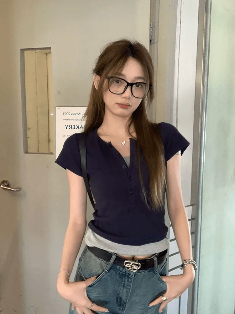 경관 그림 정가 40 순면 210 그램 92 면 8 암모니아 Lun 반팔 여성 티셔츠 페이크 레이어드 단추