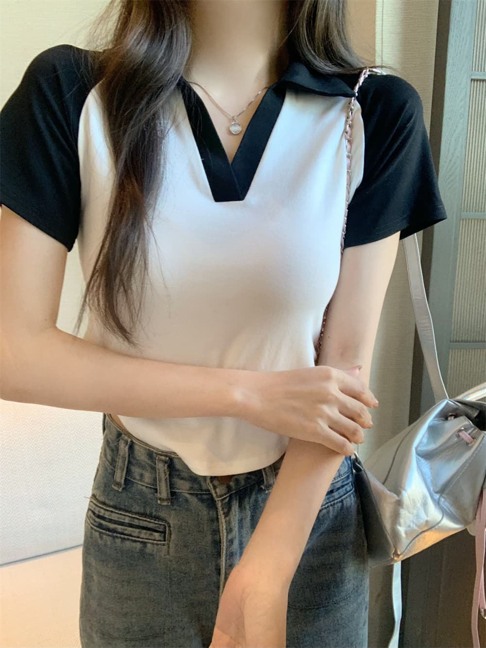 실사 정가 40 순면 210 그램 92 면 8 암모니아 Lun 반팔 티셔츠 여성 POLO 칼라 상세 이미지 9