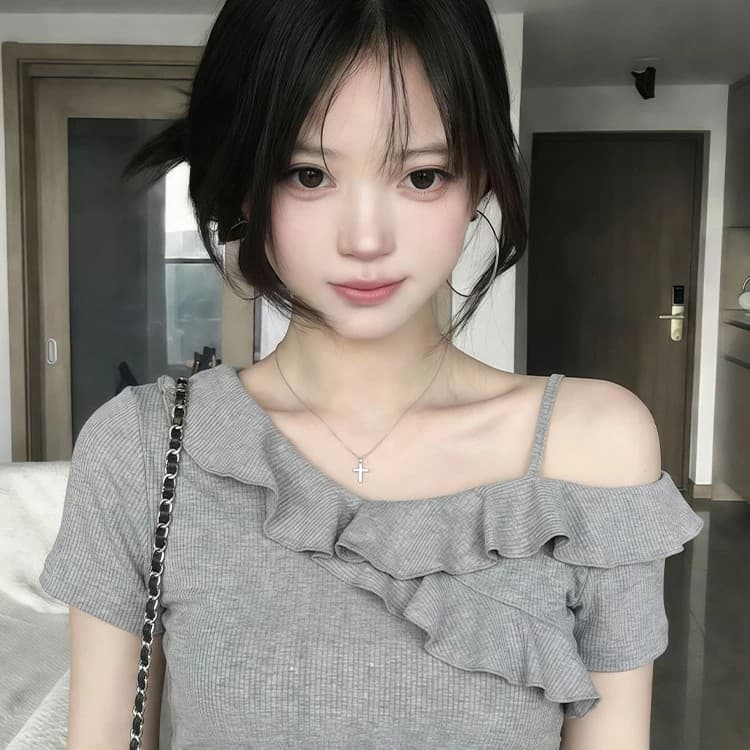260 그램 사람들 면 회색 고급 센스 프릴 비스듬한 어깨 반팔 티셔츠 여성 여름 핫걸 오프숄더 아름다운 맨위 이미지 3