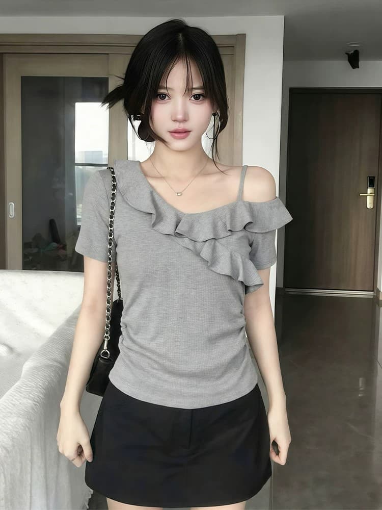 260 그램 사람들 면 회색 고급 센스 프릴 비스듬한 어깨 반팔 티셔츠 여성 여름 핫걸 오프숄더 아름다운 맨위 상세 이미지 2