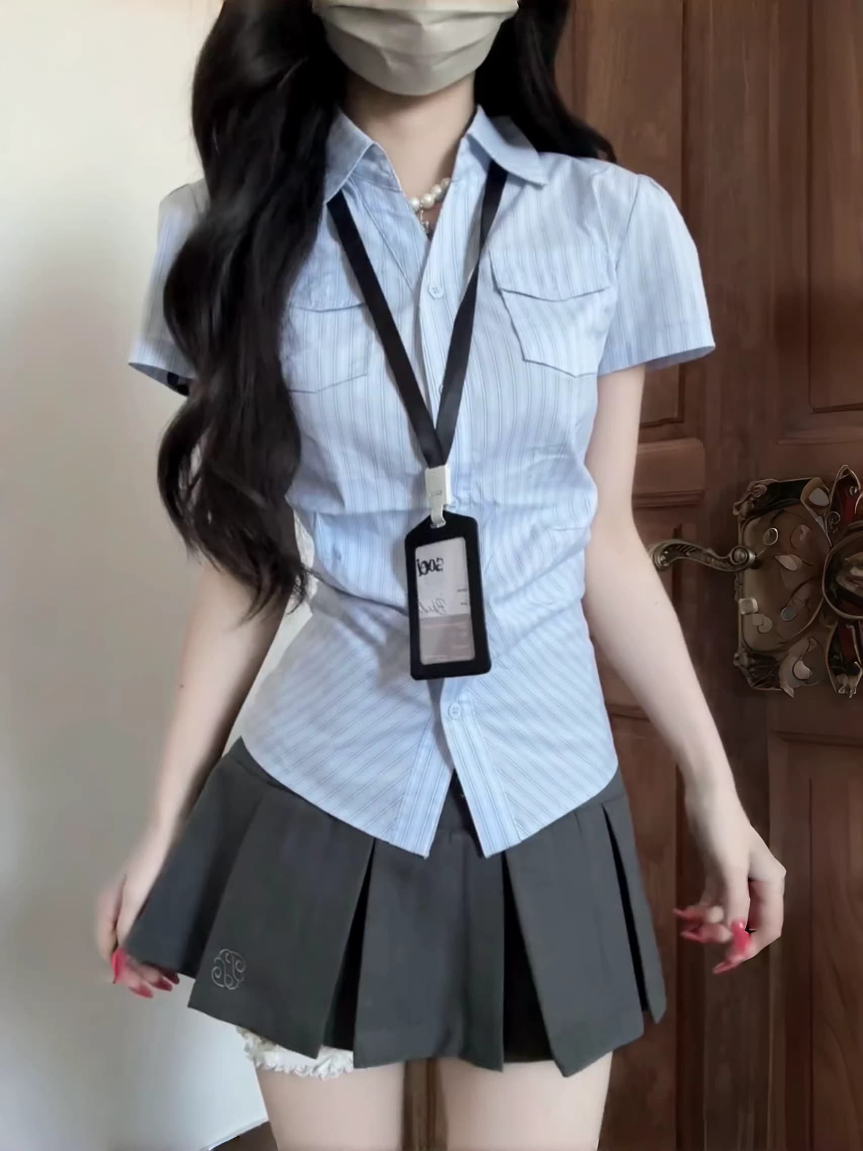 한 부서 학원 스타일 핑크색 스트라이프 긍정적 인 어깨 꼬집기 허리 자르기 디자인 센스 반팔 셔츠 2026 여름 새로운 맨위 상세 이미지 4