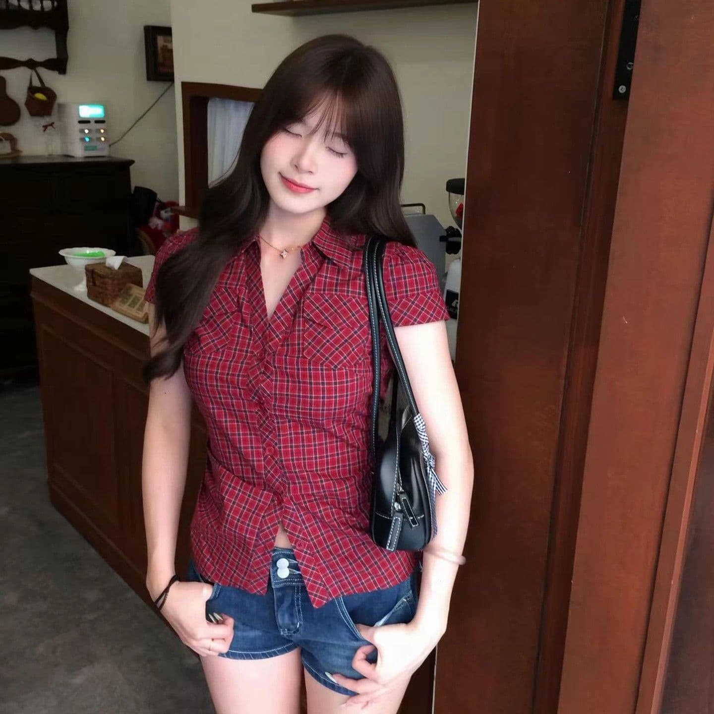 2026 새로운 레트로 긍정적 인 어깨 한 부서 빨간색 셔츠 반팔 여름 몸매 가꾸기 슬림해 보이는 셔츠 맨위 이미지 6