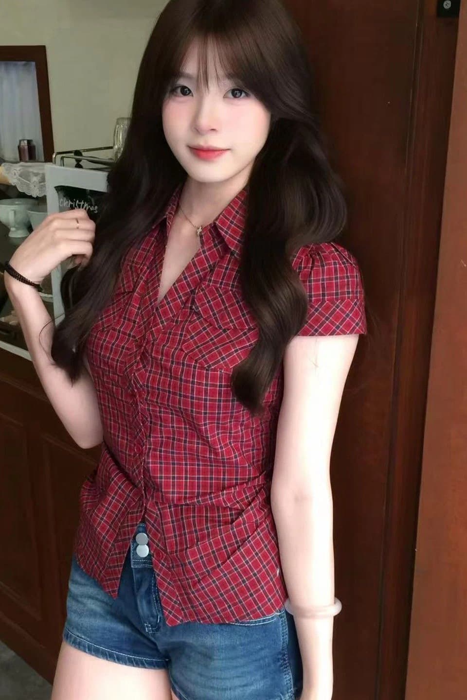 2026 새로운 레트로 긍정적 인 어깨 한 부서 빨간색 셔츠 반팔 여름 몸매 가꾸기 슬림해 보이는 셔츠 맨위 이미지 7