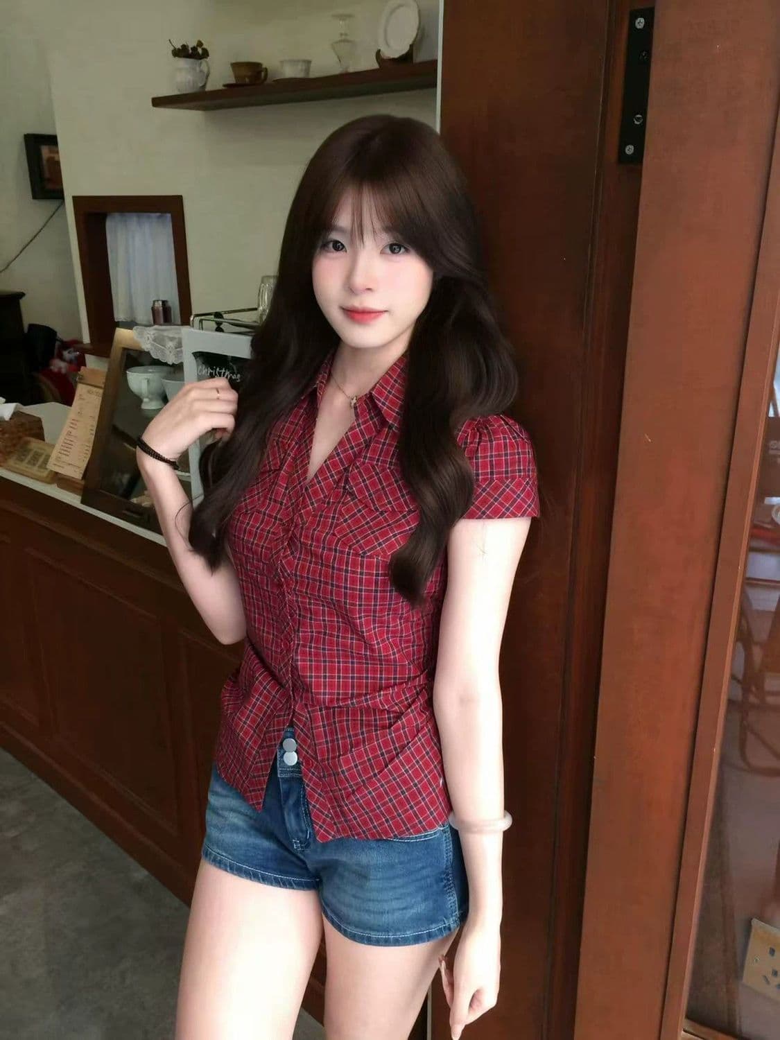 2026 새로운 레트로 긍정적 인 어깨 한 부서 빨간색 셔츠 반팔 여름 몸매 가꾸기 슬림해 보이는 셔츠 맨위 상세 이미지 4