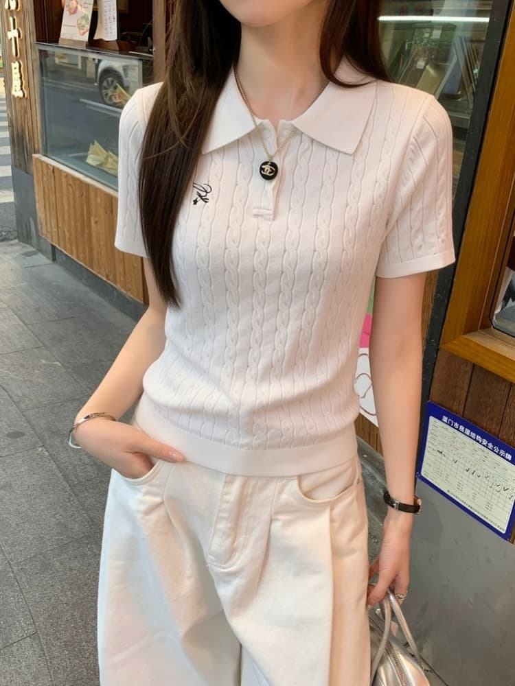 한 부서 꽈배기 작은 셔츠 여성 여름 얼음 실크 통기성 니트 반팔 POLO 칼라 티셔츠 디자인 센스 자수 맨위 ins 상세 이미지 1