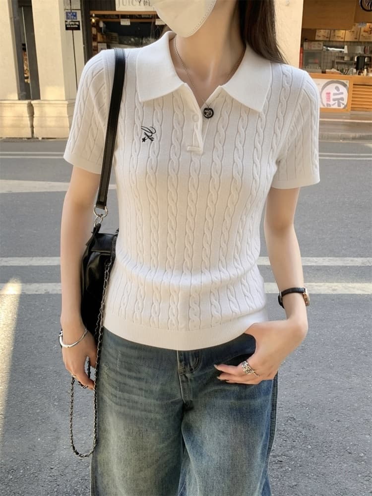 한 부서 꽈배기 작은 셔츠 여성 여름 얼음 실크 통기성 니트 반팔 POLO 칼라 티셔츠 디자인 센스 자수 맨위 ins 상세 이미지 2