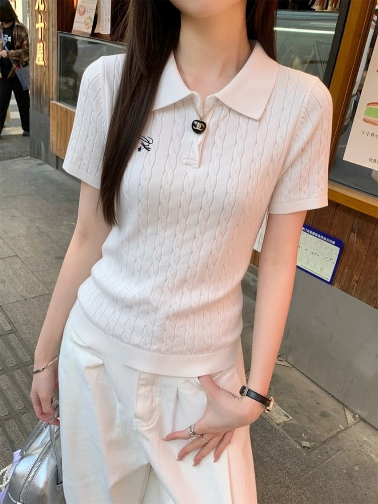 한 부서 꽈배기 작은 셔츠 여성 여름 얼음 실크 통기성 니트 반팔 POLO 칼라 티셔츠 디자인 센스 자수 맨위 ins 상세 이미지 5
