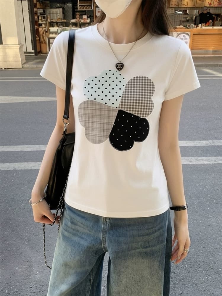 한 부서 레트로 자수 도트 무늬 클로버 반팔 티셔츠 여성 여름 몸매 가꾸기 슬림해 보이는 디자인 센스 핫걸 맨위 트렌디 이미지 2