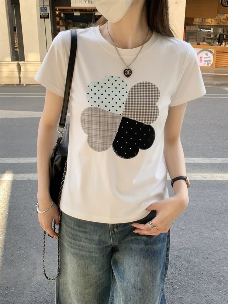 한 부서 레트로 자수 도트 무늬 클로버 반팔 티셔츠 여성 여름 몸매 가꾸기 슬림해 보이는 디자인 센스 핫걸 맨위 트렌디 이미지 4