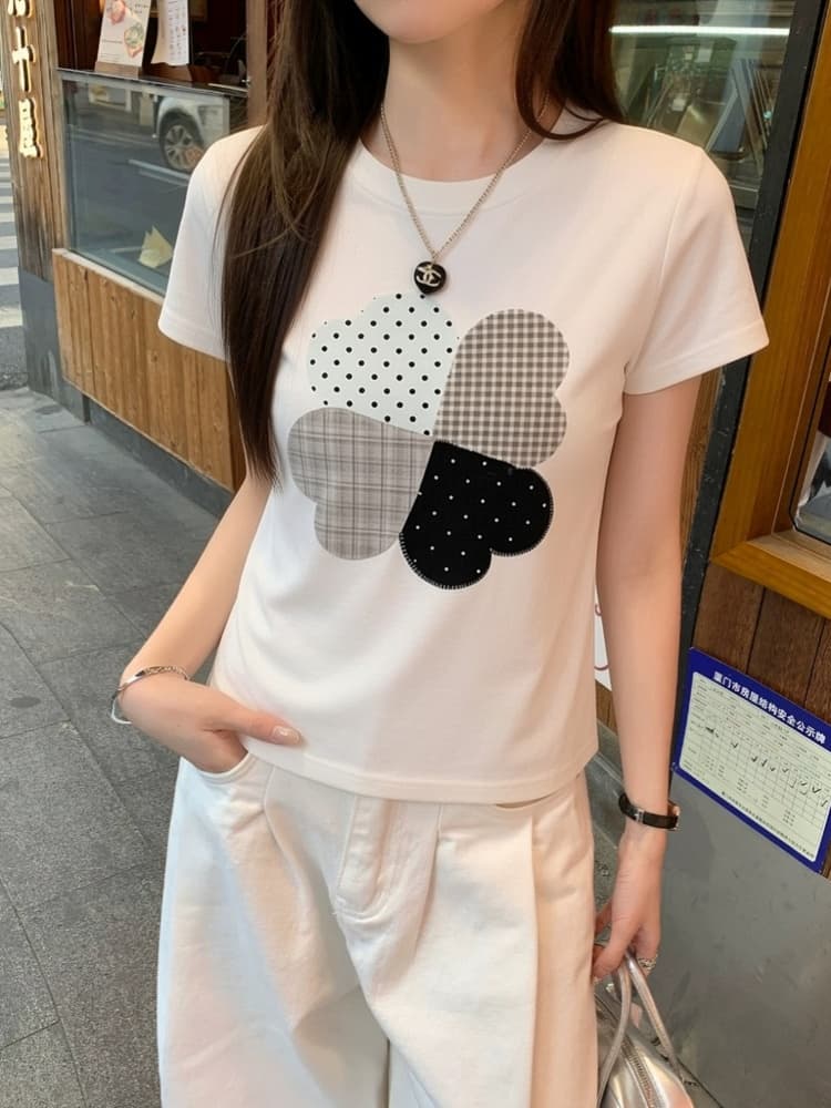 한 부서 레트로 자수 도트 무늬 클로버 반팔 티셔츠 여성 여름 몸매 가꾸기 슬림해 보이는 디자인 센스 핫걸 맨위 트렌디 상세 이미지 2