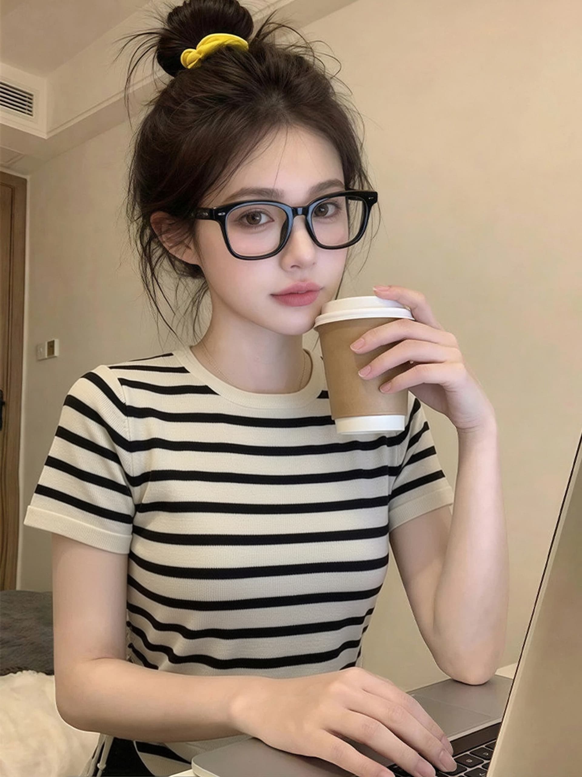 한 부서 배색 스트라이프 니트 반팔 티셔츠 여성 여름 2026 새로운 주름 허리 수축 레이스업 펌프 로프 작은 맨위 상세 이미지 2