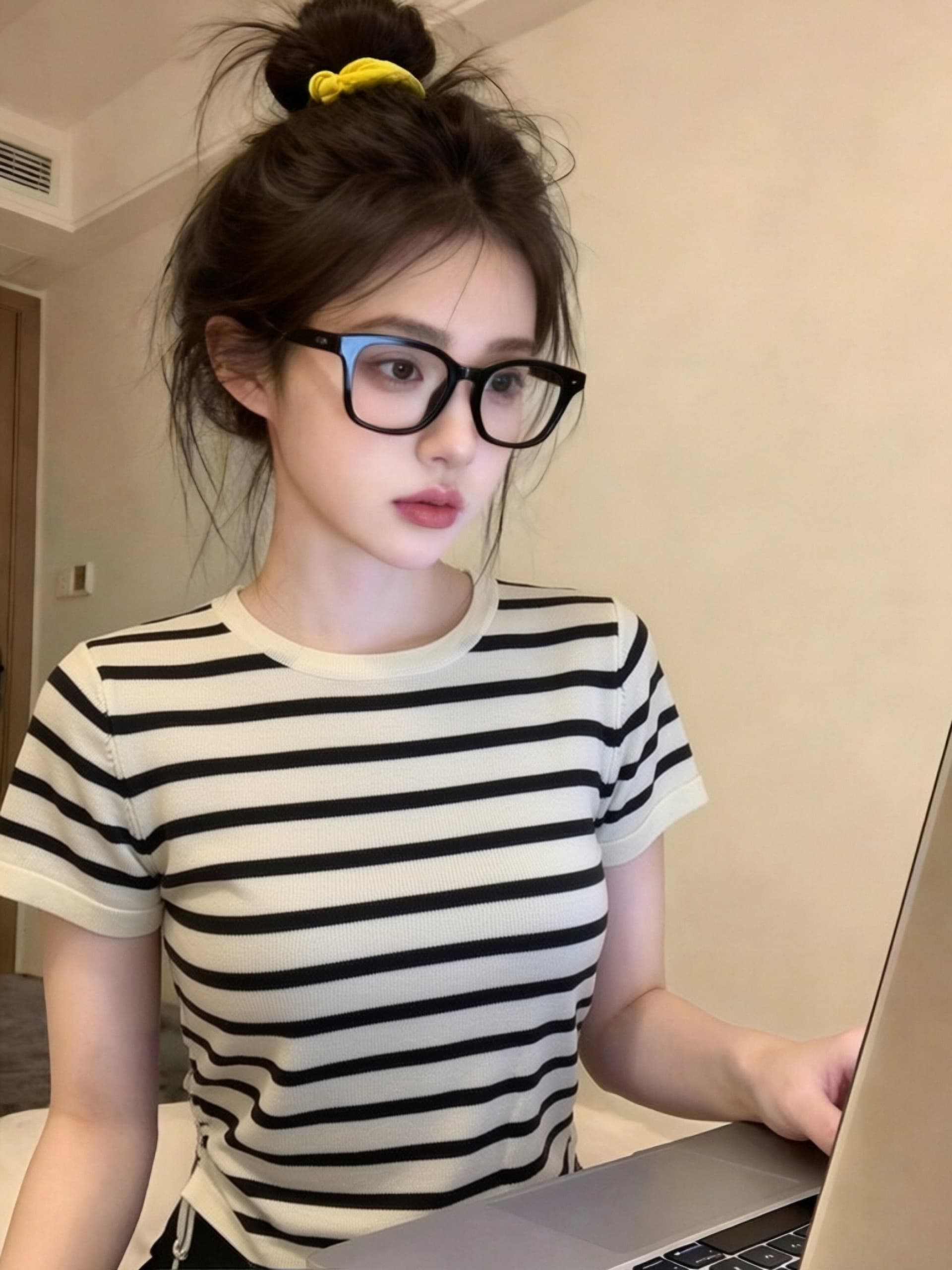 한 부서 배색 스트라이프 니트 반팔 티셔츠 여성 여름 2026 새로운 주름 허리 수축 레이스업 펌프 로프 작은 맨위 상세 이미지 4