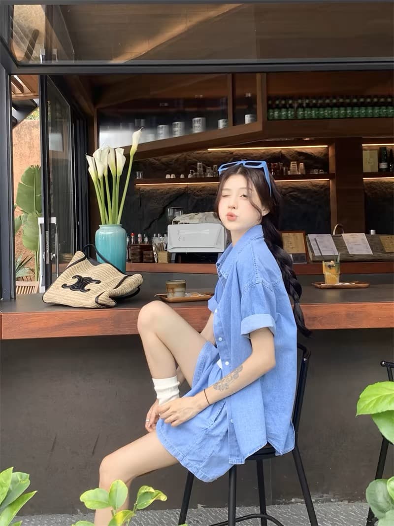 여름 새로운 모방 데님 세트 여성용 짧은 소매 셔츠 반바지 투피스 세트 빅 사이즈 마이크로 지방 착용 가져 가라. 캐주얼 세트 트렌디 상세 이미지 13