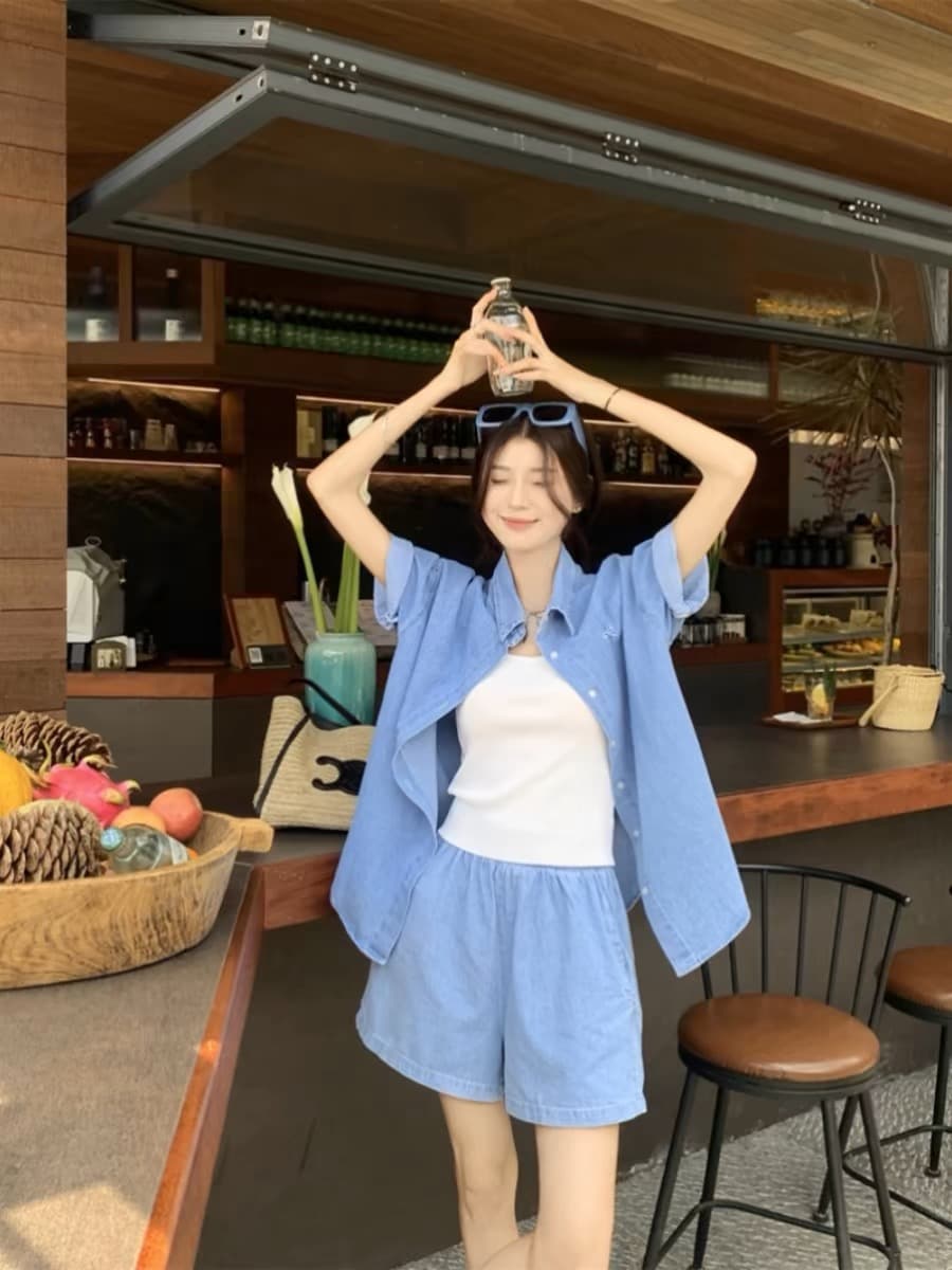 여름 새로운 모방 데님 세트 여성용 짧은 소매 셔츠 반바지 투피스 세트 빅 사이즈 마이크로 지방 착용 가져 가라. 캐주얼 세트 트렌디 상세 이미지 15