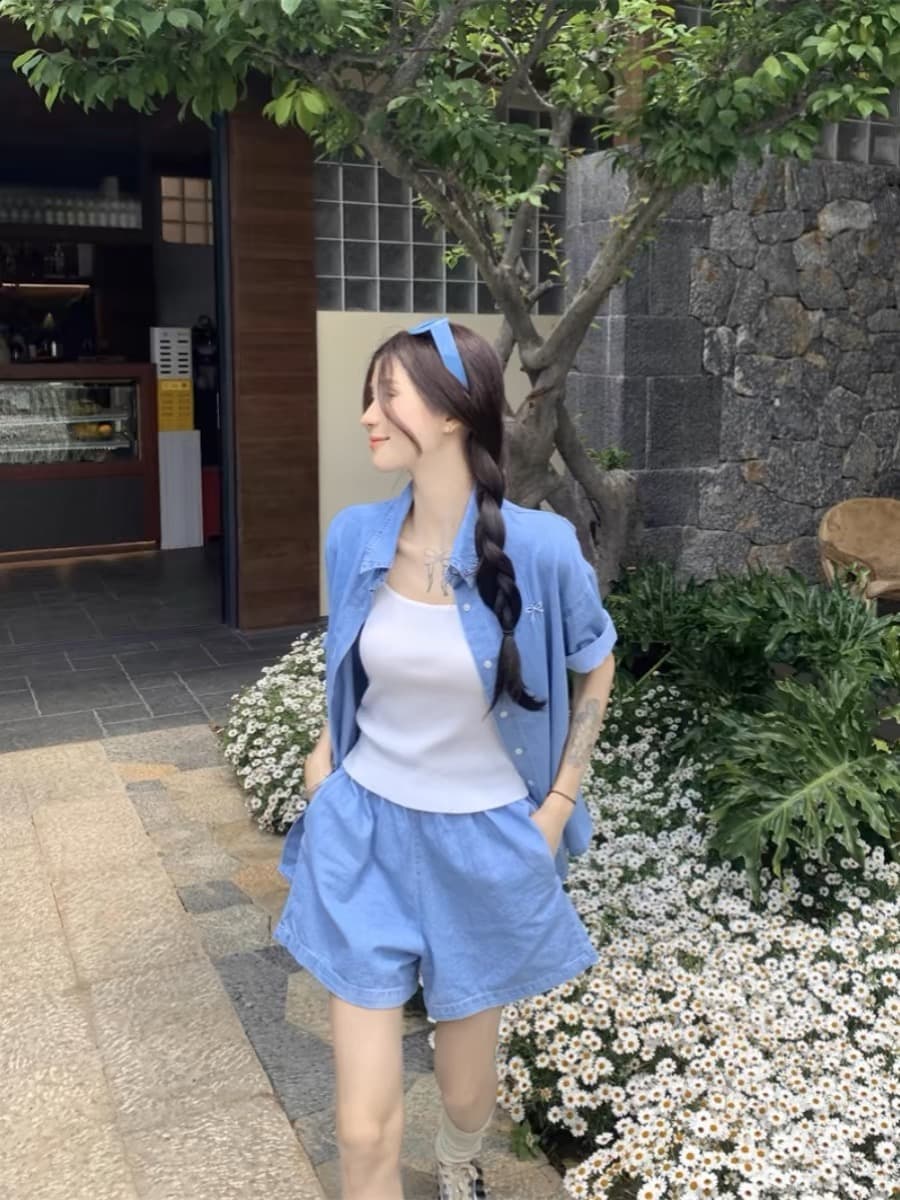 여름 새로운 모방 데님 세트 여성용 짧은 소매 셔츠 반바지 투피스 세트 빅 사이즈 마이크로 지방 착용 가져 가라. 캐주얼 세트 트렌디 상세 이미지 17
