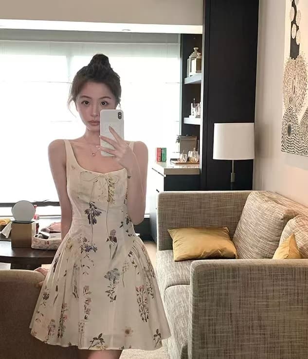이중층 세트 인사이드 순면 워터 마크 치마 아이들 여름 슬림해 보이는 허리 수축 레이스업 꽃무늬 드레스 공주 센스 슬립 드레스 상세 이미지 3